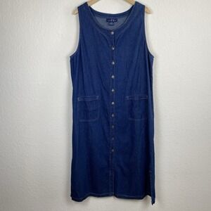 Vtg Plus Size 20w Denim Dress Maxi Button Front Jumper Overall Cottage Prairie